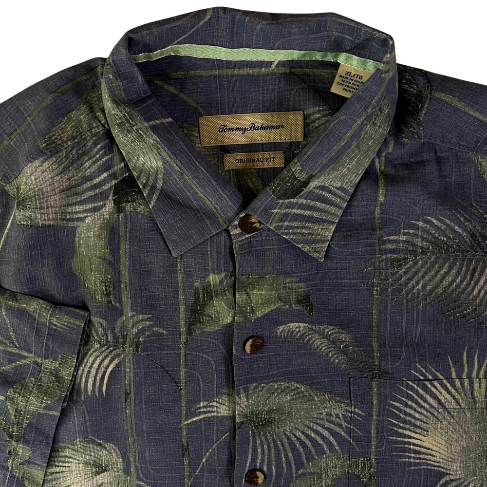 Tommy Bahama Mens XL Silk Camp Shirt Blue Palm Leaf Print Original Fit Tropical